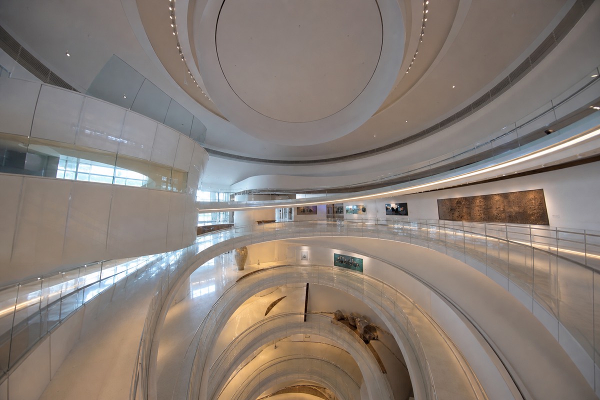 The free ground-floor atrium and spiral void inside the Museum of the Future